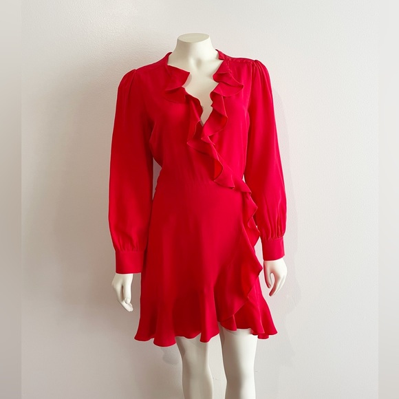Intermix Dress Aviana Silk Wrap Ruffle Long Sleeve Red Dress - Picture 10 of 13